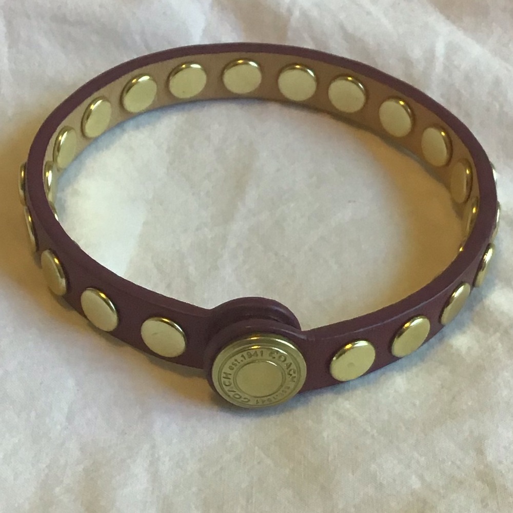 NWOT Red and Brass COACH NY studded bracelet, leather, snap
